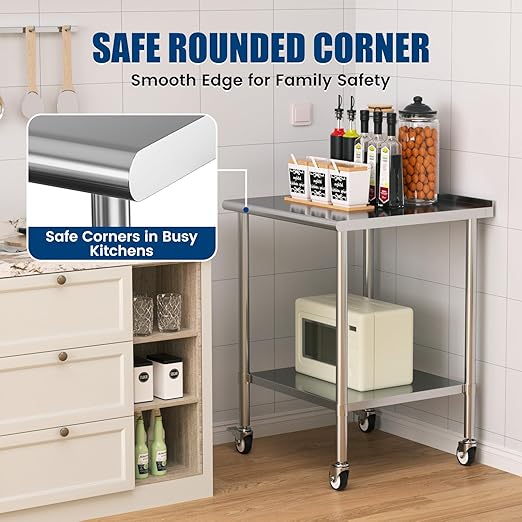 Stainless Steel Work Table with Wheels, 30x30 Inch NSF Food Prep Table with Backsplash & Adjustable Undershelf for Commercial Kitchen, Restaurant, Garage