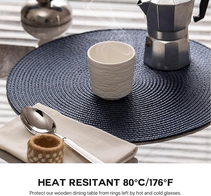 Round Placemats Set of 12 Plastic Woven Placemats Washable Wipeable Table Mats for Dining Table Heat Resistant Non-Slip Circle Place Mats (Navy Blue)