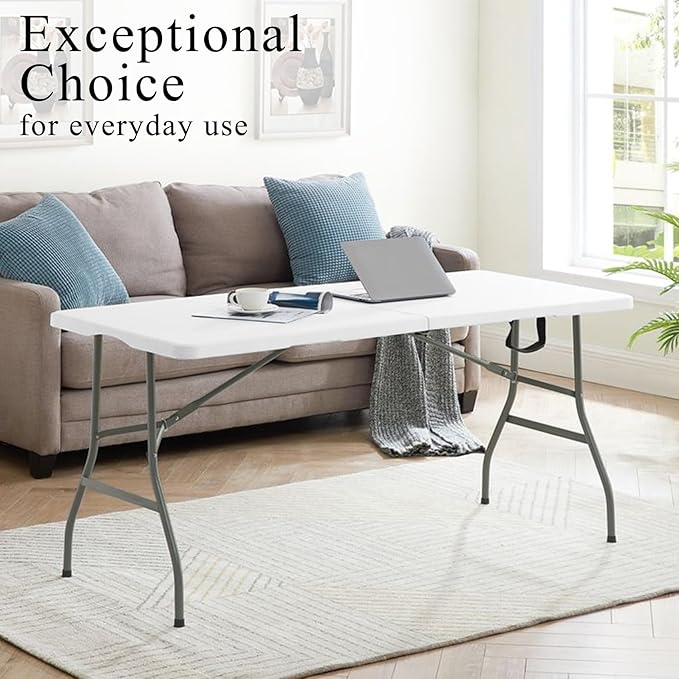 Folding Tables with Carrying Handle Lightweight Rectangular Portable Plastic Camping Table Steel Legs for Party, Dining, Wedding, Events, Picnic Indoor, Outdoor (5FT, White)