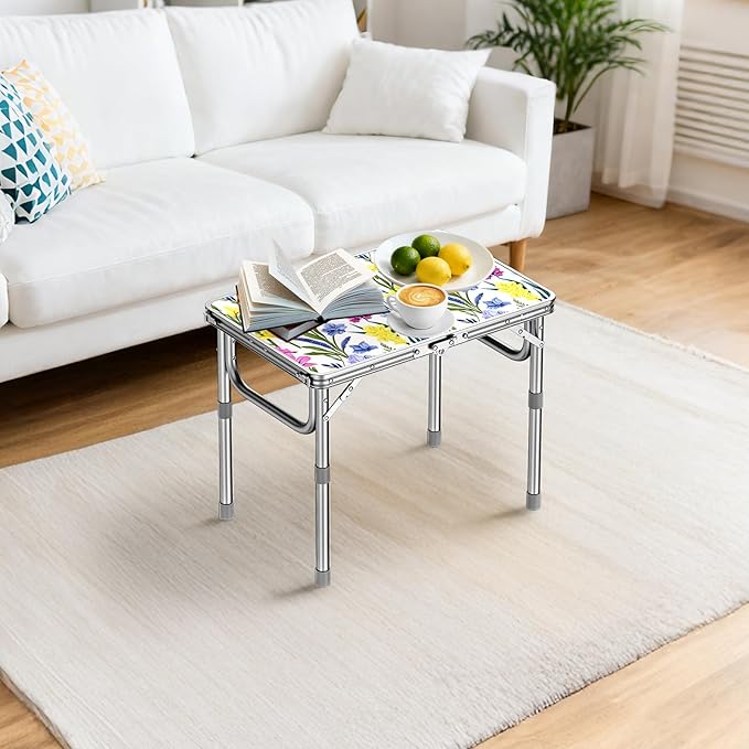 Anbte 2ft Folding Camping Table, 3 Adjustable Height Max 27.5" Small Folding Table with Storage Net Lightweight & Portable with Carry Handle, for Outdoor Indoor Camping Beach BBQ RV, Blooming Floral