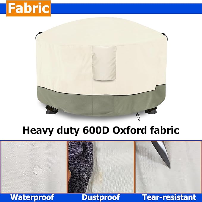 Fire Pit Cover,Outdoor Heavy Duty 600D 100% Waterproof Fire Pit Cover Round,Weatherproof Firepit Covers Round 44" Dia x 24" H,Beige