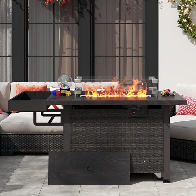 52 Inch Wicker Patio Fire Table, 50,000BTU Propane Fire Pit Table with Glass Wind Guard, Side Basket, Cover and CSA Certified, Outdoor Fire Pit for Garden, Backyard, Balcony, Poolside, Brown
