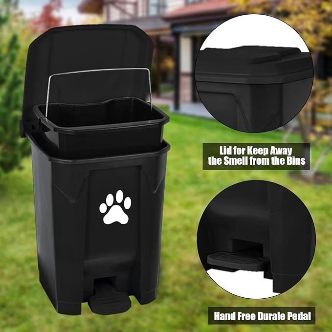 tebiete Dog Poop Trash Can Outdoors Pet Waste Station with Lid Dog Waste Disposal Container with Removable Inner Bin Bucket Hands-Free Pedal Garden Yard Home with 5Rolls Waste Bags, Black
