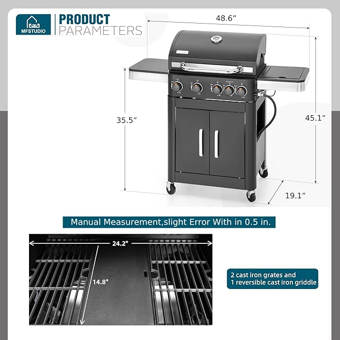 MFSTUDIO Propane Grills with Side Burner, BBQ Grill Griddle Combo for Outdoor Cooking and Patio Backyard Barbecue, with Porcelain-Enameled Cast Iron Grates, Black