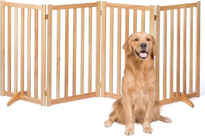 36" Height Extra Tall Freestanding Pet Gate, Solid Wood Folding Safety Fence Wooden Dog Gate with 2 PCs Support Feet Ideal for Stairs, Doorways, Halls, Kitchens, Heavy Duty Gates, 4 Panels, Oak