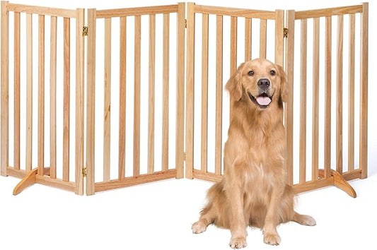 36" Height Extra Tall Freestanding Pet Gate, Solid Wood Folding Safety Fence Wooden Dog Gate with 2 PCs Support Feet Ideal for Stairs, Doorways, Halls, Kitchens, Heavy Duty Gates, 4 Panels, Oak