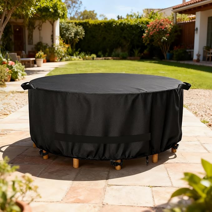 LBTING Round Patio Furniture Cover, Outdoor Table Chair Set Covers 62Dia x 28H Inches, 420D Waterproof Windproof Dust-proof UV-Resistant Furniture Cover - Black