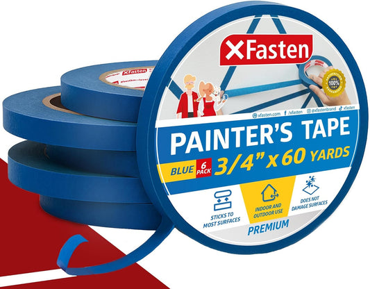 XFasten Blue Painters Tape 3/4 Inch Wide x 60 Yards 6-Pack, UV Residue-Free Blue Masking Tape for Clean Lines, Indoor and Outdoor Multi-Surface Use - Sharp Paint Lines for Walls, No Mess Easy Removal