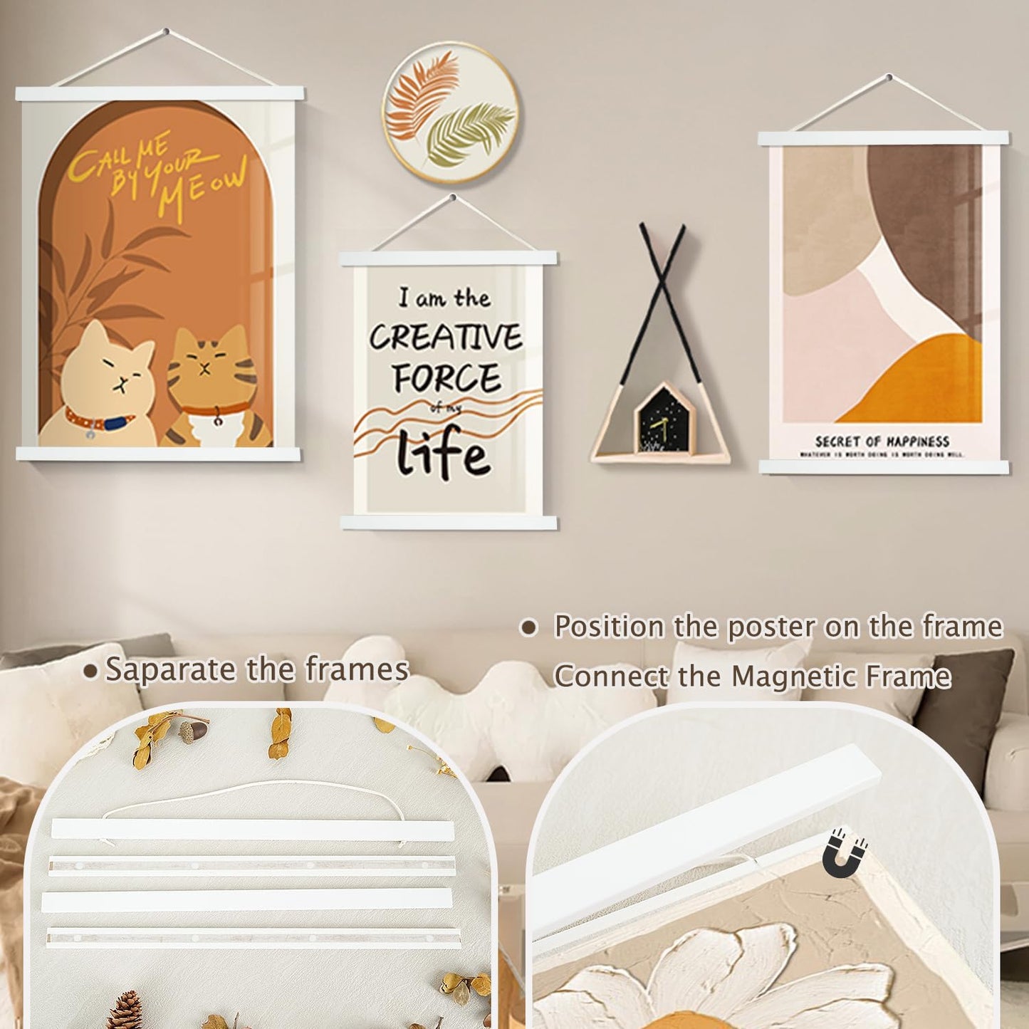 Artmag Magnetic Poster Hanger Frame, 31x24 31x21 Light Wood Wooden Magnet Canvas Artwork Print Poster Hangers Frames Hanging Kit (White, 31")