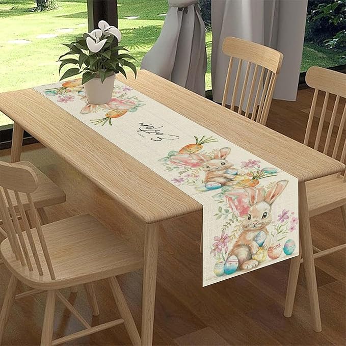 Easter Bunny Table Runner,Rustic Watercolor Bunnies Easter Eggs Carrots Floral Seasonal Table Center Decor for Family Kitchen Living Room Outdoor Farmhouse Party Table Decorations, 13"x72"