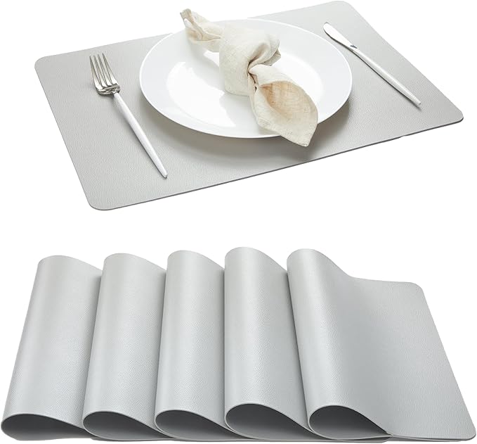 DOLOPL Faux Leather Placemats Set of 6, Wipeable Heat Resistant Table mats - Anti Slip Table Place Mats, Modern Washable Outdoor Placemats for Kitchen Dining Room Table Decorations, Light Gray