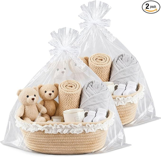 2 Pcs Small Wicker Hand-Woven Rattan Baskets with Clear Gift Bags and Lace Ribbons 12"X 8" X 5" for Baby Diaper Caddy Basket Baby Shower Gifts Easter Egg Storage