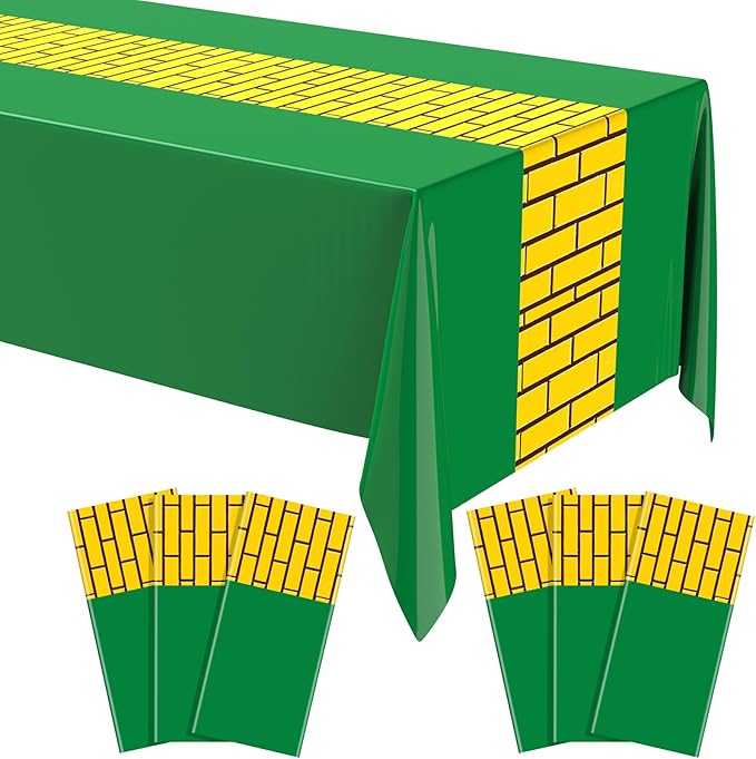 Yellow Brick Runner Tablecloth 54 x 108 Inch Brick Wall Backdrop Waterproof Rectangle Disposable Cover, Princess Decorations Party Supplies for Halloween Cosplay Party (Yellow,Green,6pcs)