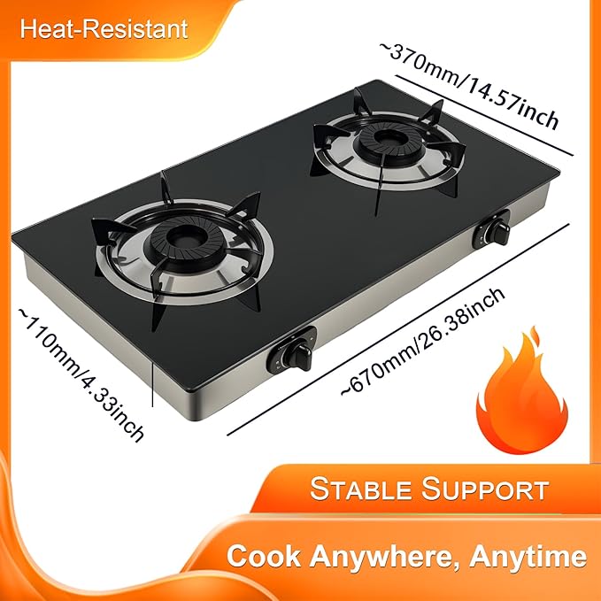 2 Burner Propane Gas Stove, Portable Tempered Glass Camping Stove Propane with Auto-Ignition, 20472 BTU Burners for Cooking, Outdoor, Camping, RV & Emergency Use