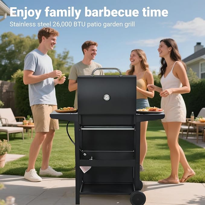 Endark 26,000 BTU 3-Burner Propane Grill with stainless steel design, enamel grates, built-in thermometer, and movable side rack. Ideal for all outdoor cooking