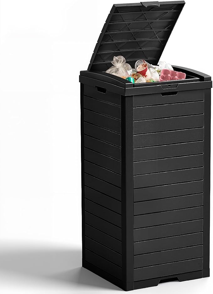 38 Gallon Outdoor Trash Can with Lid, Dual Lid Closure Outdoor Trash Can, Waterproof Resin Garbage Can with Pull-Out Liquid Drawer for Kitchen, Backyard Deck, Patio(Deep Black)