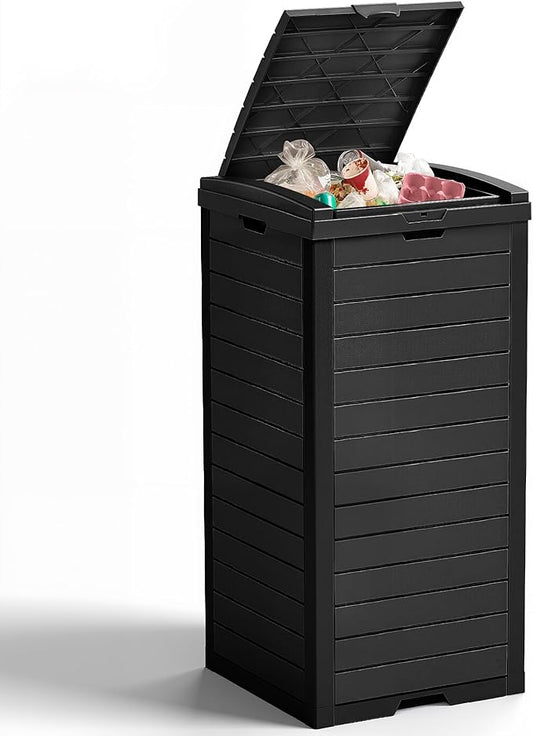 38 Gallon Outdoor Trash Can with Lid, Dual Lid Closure Outdoor Trash Can, Waterproof Resin Garbage Can with Pull-Out Liquid Drawer for Kitchen, Backyard Deck, Patio(Deep Black)