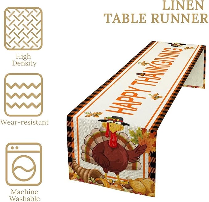 Happy Thanksgiving Table Runner, Autumn Pumpkin Maple Leaves Turkey Print Fall Harvest Holiday Kitchen Dining Table Decor for Indoor Outdoor Party, 13x108inch