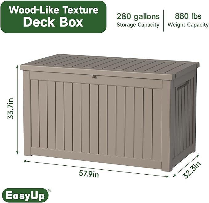 EasyUp 280 Gallon Outdoor Storage Box Waterproof, UV Resistant Resin Deck Box with Hydraulic Rod, Reinforced Stability for Patio, Garden, Striped Gray