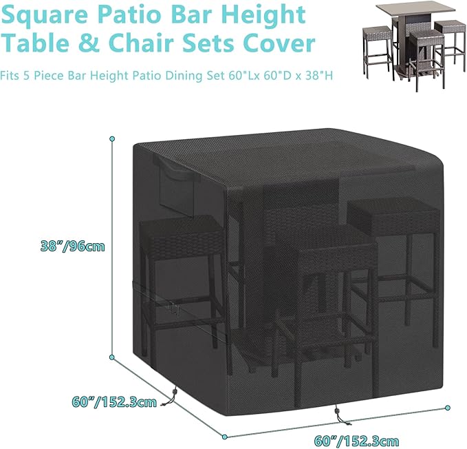 Kovshuiwe 5 Piece Bar Height Patio Dining Set Covers 600D Oxford Fabric Waterproof 60 Inch Square Patio Bar Height Table & Chair Sets Cover, Black