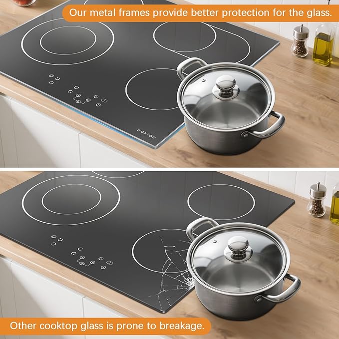 Noxton 24 Inch Electric Cooktop, 4 Burners Ceramic Glass Stove Top with Dual and Oval Expandable Zones, Stainless Steel Frame, Timer, Child Lock, 240V Hardwired