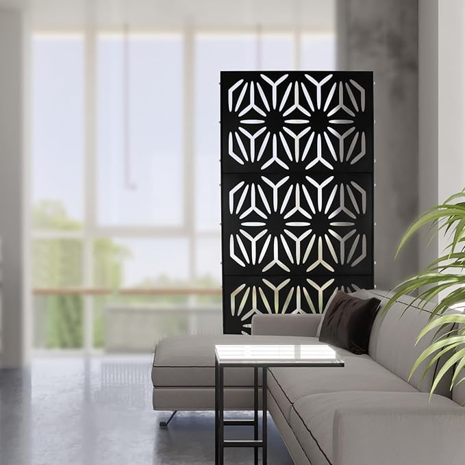 75" H×35" W Decorative Outdoor Privacy Screen with Stand, Outdoor Decor Privacy Fence Screen Metal Fence Panels, Free Standing Metal Divider for Patio Lawn Deck (Black-Flower)