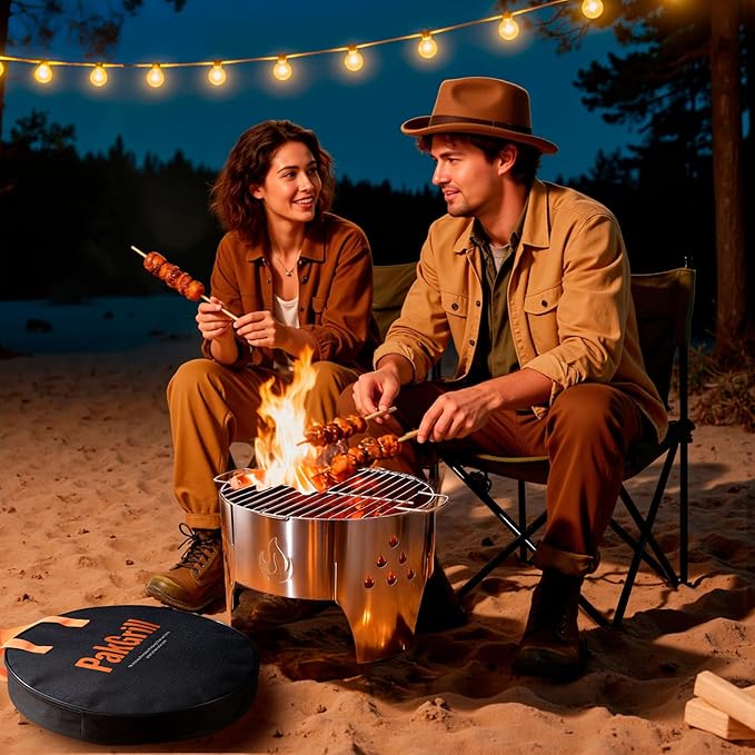 Camping Campfire Grill, Portable Folding Charcoal Stove, Backpacking BBQ Rack, Stainless Steel Heavy Duty Firepit Cooker with Carry Bag for Outdoor Cooking, Bonfire, Patio, Backyard