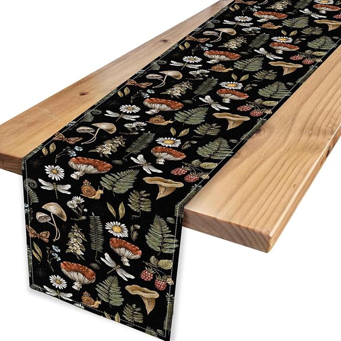 Mushroom Table Runner, Rustic Farmhouse Forest Plants Botanical Country Black Coffee Table Center Decor for Home Kitchen Dining Patio Holiday Party Indoor Outdoor Table Decorations, 13"x36" Inch