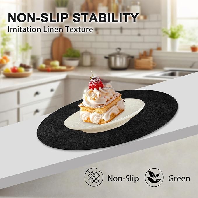Round Faux Leather Placemats and Coasters, Set of 6, Reversible Heat Resistant Non-Slip Table Mats, Waterproof Wipeable Place Mats for Dining Table, Washable for Indoor & Outdoor (6, Black)