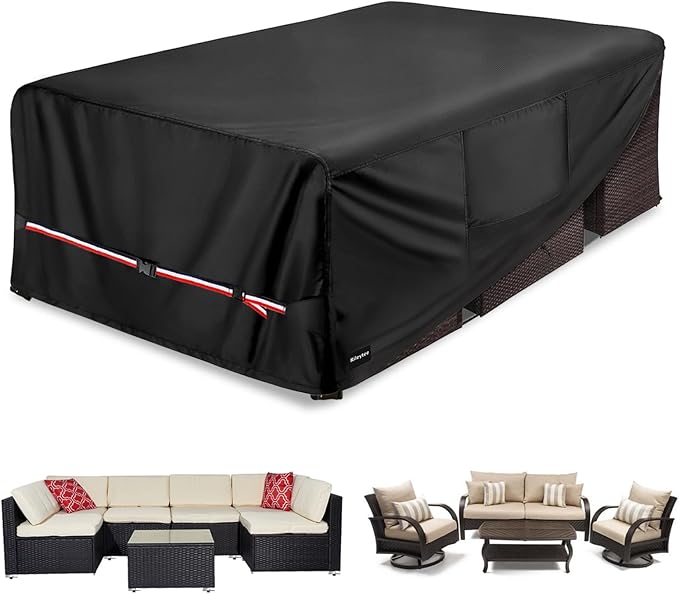Rectangular Patio Furniture Covers,Upgraded 600D Heavy Duty Outdoor Furniture Covers Waterproof,Outdoor Sectional Dining Table and Chairs General Purpose Furniture Set Cover,111"L × 74"W × 28"H,Black