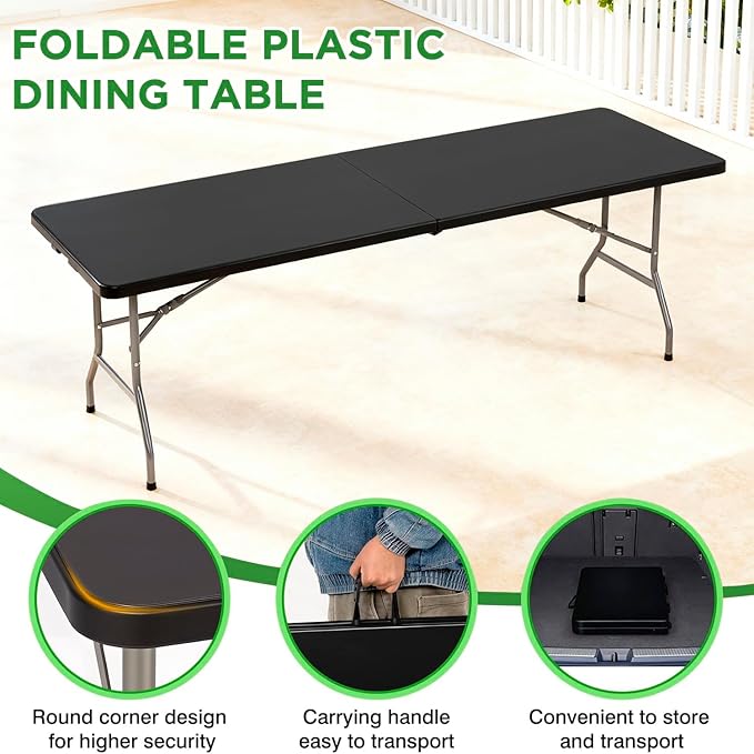 BestOffice 8 FT Picnic Table Folding Table Camping Plastic Table Fold Up Table Lock for Party Event, Black