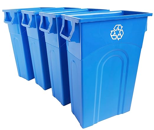 United Solutions Highboy Recycling Bin, 23 Gallon, Space Saving Slim Profile and Easy Bag Removal, Indoor or Outdoor Use, Integrated Handles for Easy Carrying, 4-Pack, Recycle Blue