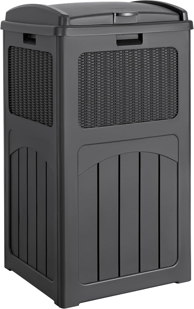 Devoko 33 Gallon Outdoor Trash Can, Hideaway Garbage Bins with Tiered Lid, Waterproof Resin Outside Waste Bins for Patio, Outside Pool, Backyard and Deck (1, Gray)