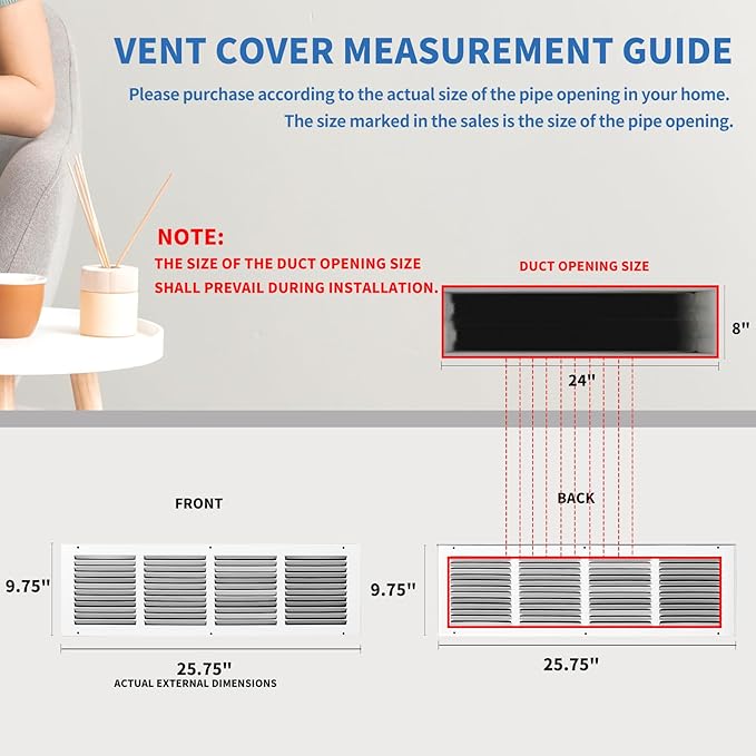 24x8 Return Air Grille (Duct Opening Size), Air Return Vent Cover, AC Vent Cover, Cold Air Return Vent Cover, Flat Return Air Grilles, Outer Dimensions:25.75"W x 9.75"H (24"Wx8"H, Duct Opening)