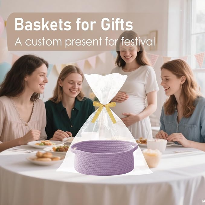 Woven Basket,Small Rope Storage Bin with Handles & Ribbon Bag, Organizer for Shelves Closets,Gift Basket Empty for Birthday,Books,Dog Toys, Purple/3 Pack