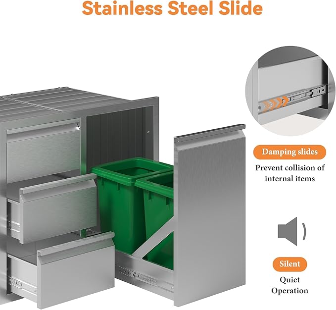 Jocisland Outdoor Kitchen Drawers 28" W×23" D×23" H Stainless Steel Drawers for Outdoor Kitchens, Single Door Trash Drawer & 3-Drawer Cabinet, Built-in BBQ Island Storage