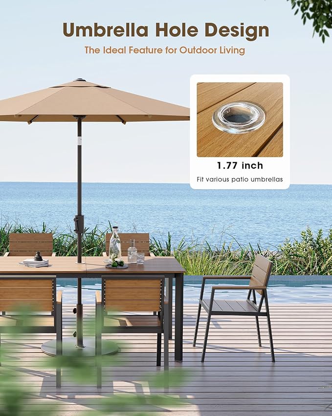 Patio Outdoor Dining Set for 6, Aluminum 7 Piece HDPS Outdoor Table and Chairs Set with Umbrella Hole, Modren Rectangular Patio Furniture Set with All-weather Table and 6 Chairs (Gray & Teak)