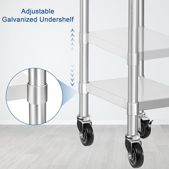 HARDURA Stainless Steel Commercial Table Prep & Work Table with Casters Heavy Duty Metal Table with Wheels NSF 430 18×30 Inches