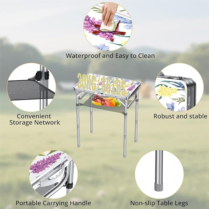 Anbte 2ft Folding Camping Table, 3 Adjustable Height Max 27.5" Small Folding Table with Storage Net Lightweight & Portable with Carry Handle, for Outdoor Indoor Camping Beach BBQ RV, Blooming Floral