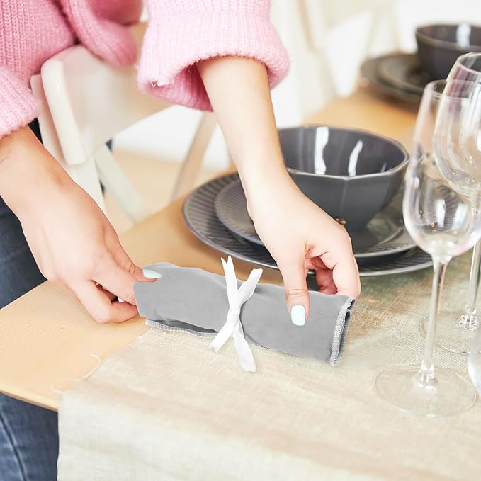 Hillban 6 Pcs Anti Tarnish Silver Storage Bags Silver Storage Cloth Felt Flatware Organizer Anti Tarnish Protector Bags Place Setting Roll with White Ribbon for Kitchen Cutlery (6 Slots,Grey)