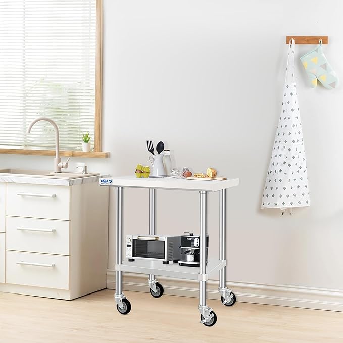 HARDURA Stainless Steel Table with Wheels 24 x 36 Inches Kitchen Prep Table Heavy Duty Stainless Steel Workbench with Aluminium Corner Undershelf NSF 304 Metel Table for Commercial Restaurant
