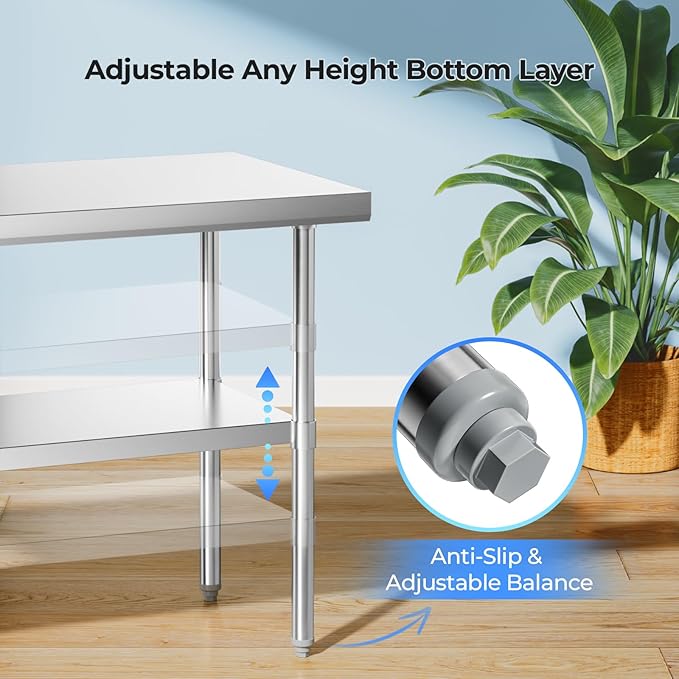 NUUK Heavy Duty Commercial Worktable 24" x 36" Restaurant Kitchen Food Prep Work Table Adjustable Height Stainless Steel Grill Workstation for Home and Hotel