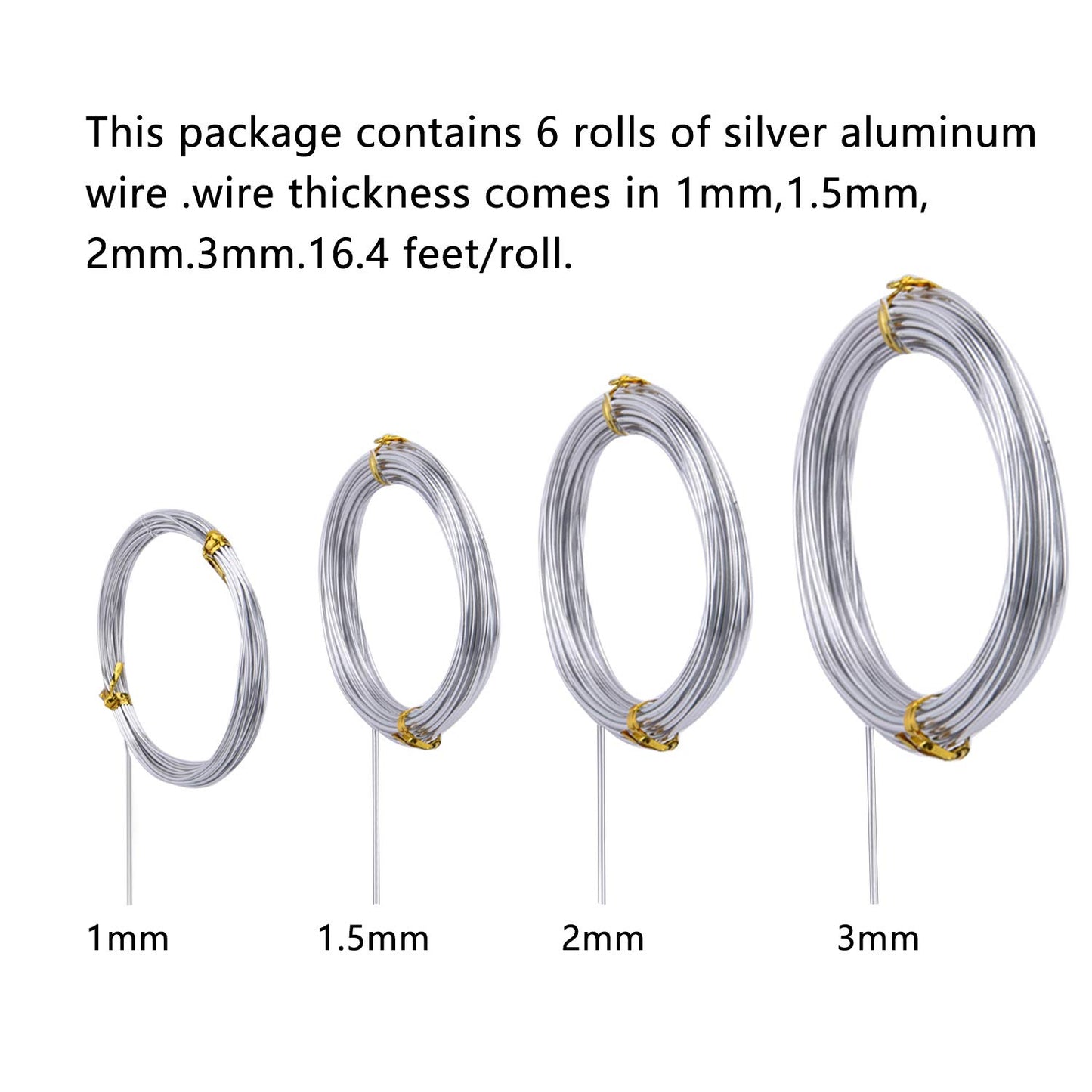 6 Rolls Silvery DIY Craft Art Aluminum Wire, 1mm, 1.5mm, 2mm, 3mm in Diameter
