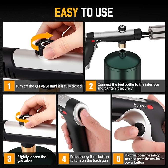 Siasky Propane Torch with One-Click Max Fire, Flame Thrower Gun Charcoal Lighter with a Safety Lock, Kitchen Blow Torch for Cooking, BBQ, Sous Vide, Grill (Tank Not Included)