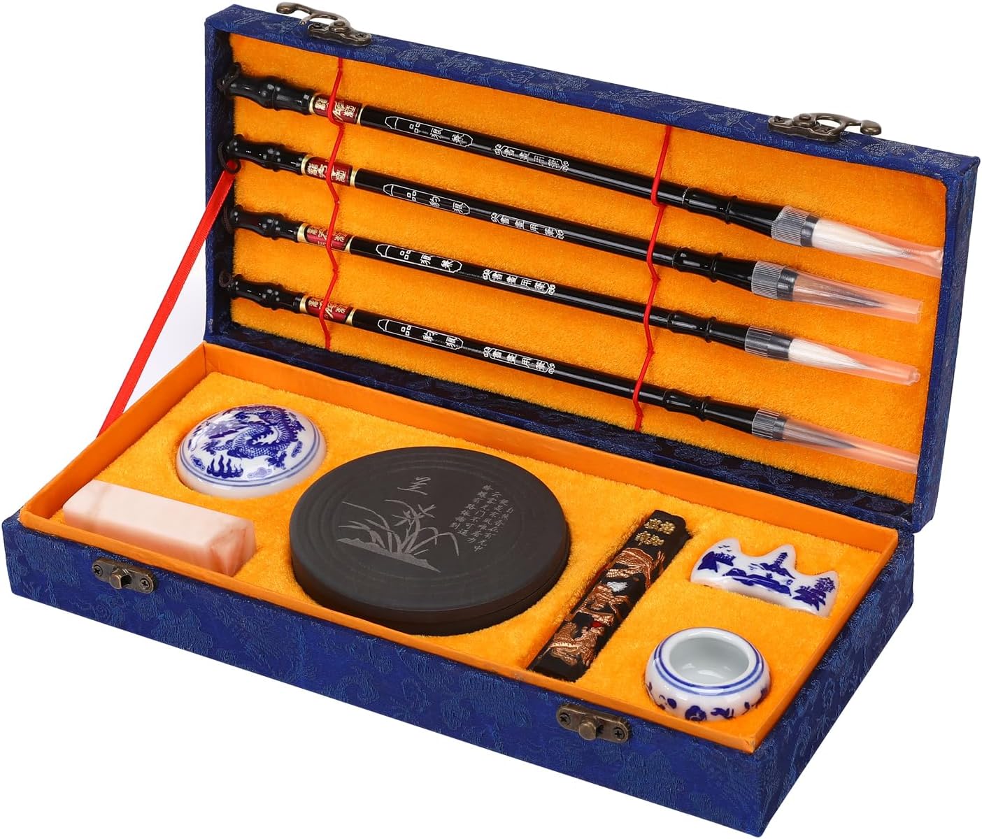 MEGREZ Chinese Calligraphy Set for Beginners, Comes with Calligraphy & Sumi Brushes,Calligraphy Ink Stick and Ink Stone for Writing and Drawing, Blue Gift Box(10 Items)