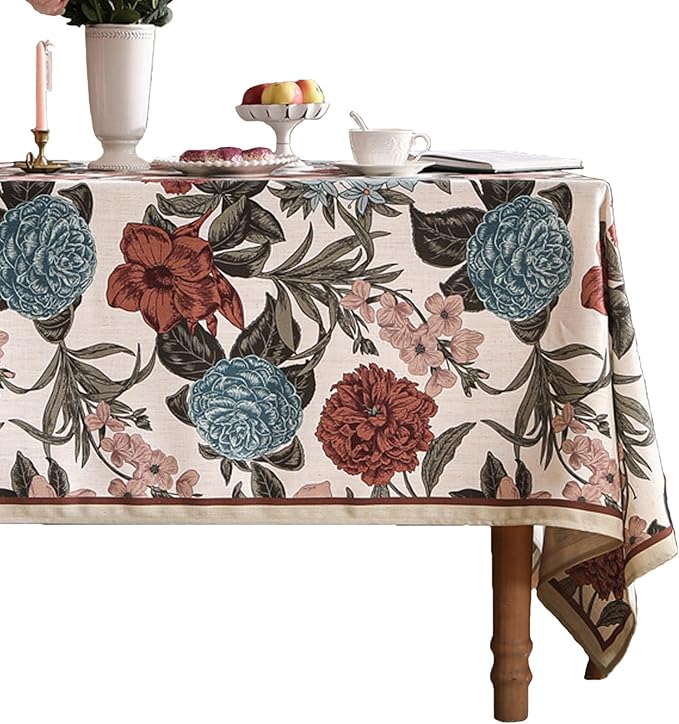 Designer French Linen Tablecloth for Rectangle Table,Red and Blue Floral Rustic Durable Tablecloths,Decor Table Cover for Kitchen,Dining,Thanksgiving,Home,55" × 87"-Burgundyred