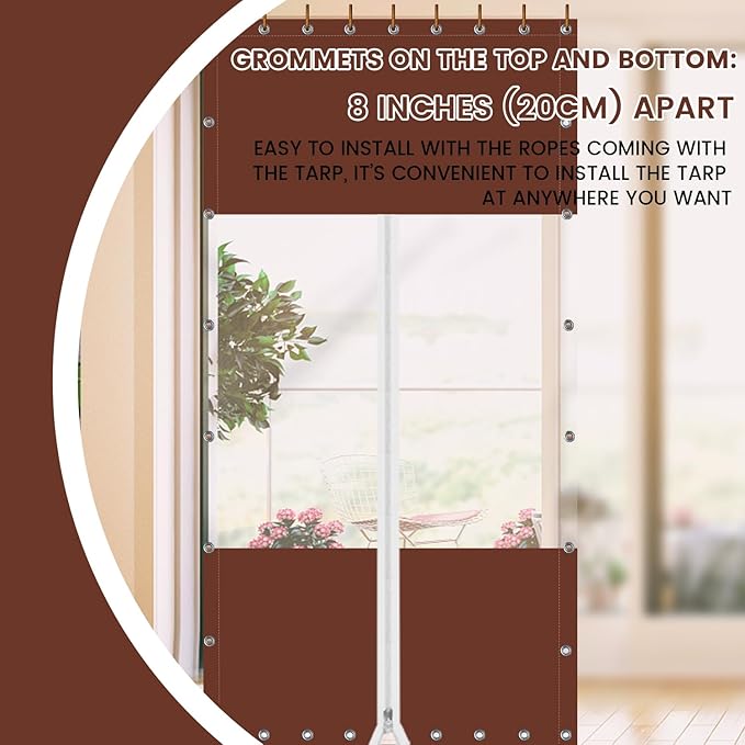 20 Oz Outdoor Vinyl Curtain with Double Sided Zip, Outdoor Clear Panel Curtain, Weather Resistant Outdoor Curtain for Pergola, Porch, Gazebos, with Rustproof Grommets (10'H x 10'W, Brown)
