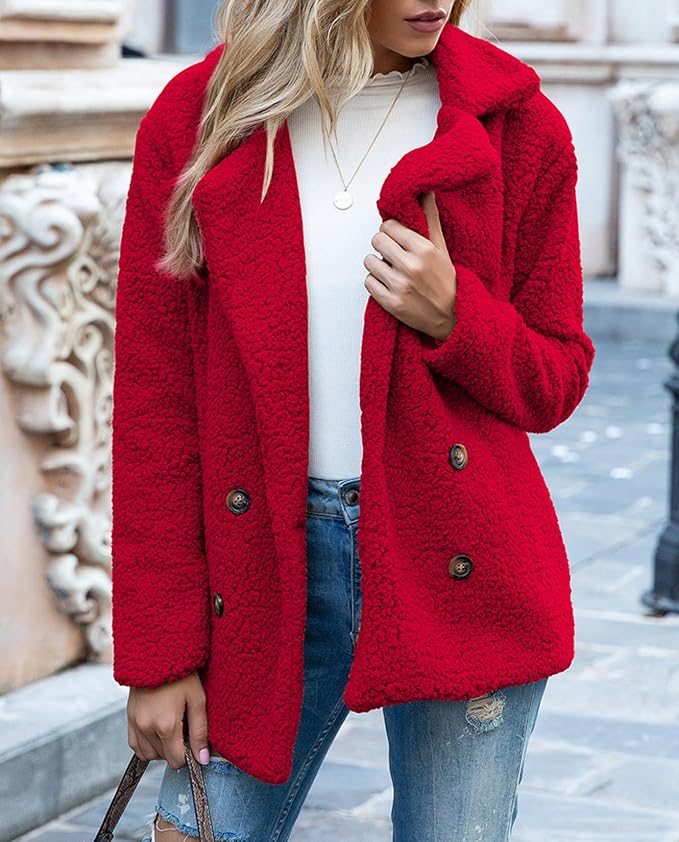 Women's Winter Warm Plush Cardigan Fuzzy Fleece Lapel Jacket with Buttons Pockets Long Sleeve Casual Outerwear