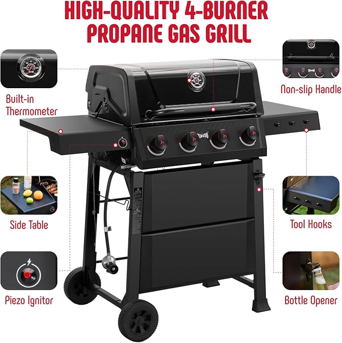 4-Burner Gas BBQ Grill with Side Table, 36,000 BTU Outdoor Propane Grill with Enameled Coated Chamber Body, Premium Porcelain-Enameled Grates for Backyard, Patio, Camping Barbecue, Black