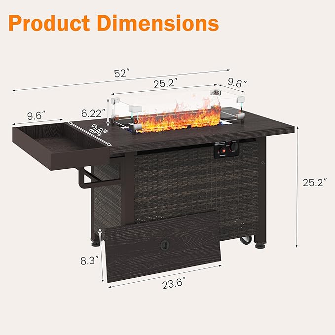 52 Inch Wicker Patio Fire Table, 50,000BTU Propane Fire Pit Table with Glass Wind Guard, Side Basket, Cover and CSA Certified, Outdoor Fire Pit for Garden, Backyard, Balcony, Poolside, Brown